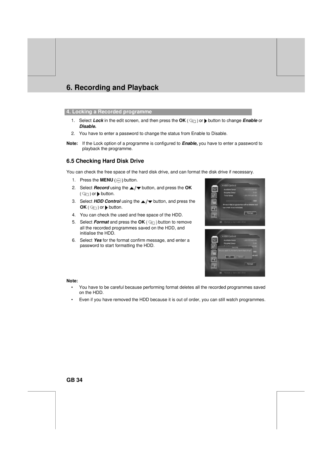 Humax PVR-8100T manual Checking Hard Disk Drive, Locking a Recorded programme 