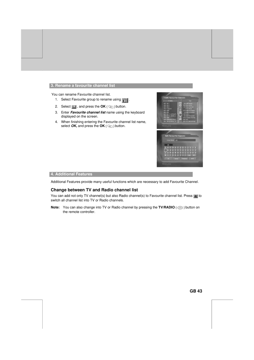 Humax PVR-8100T manual Change between TV and Radio channel list, Rename a favourite channel list, Additional Features 