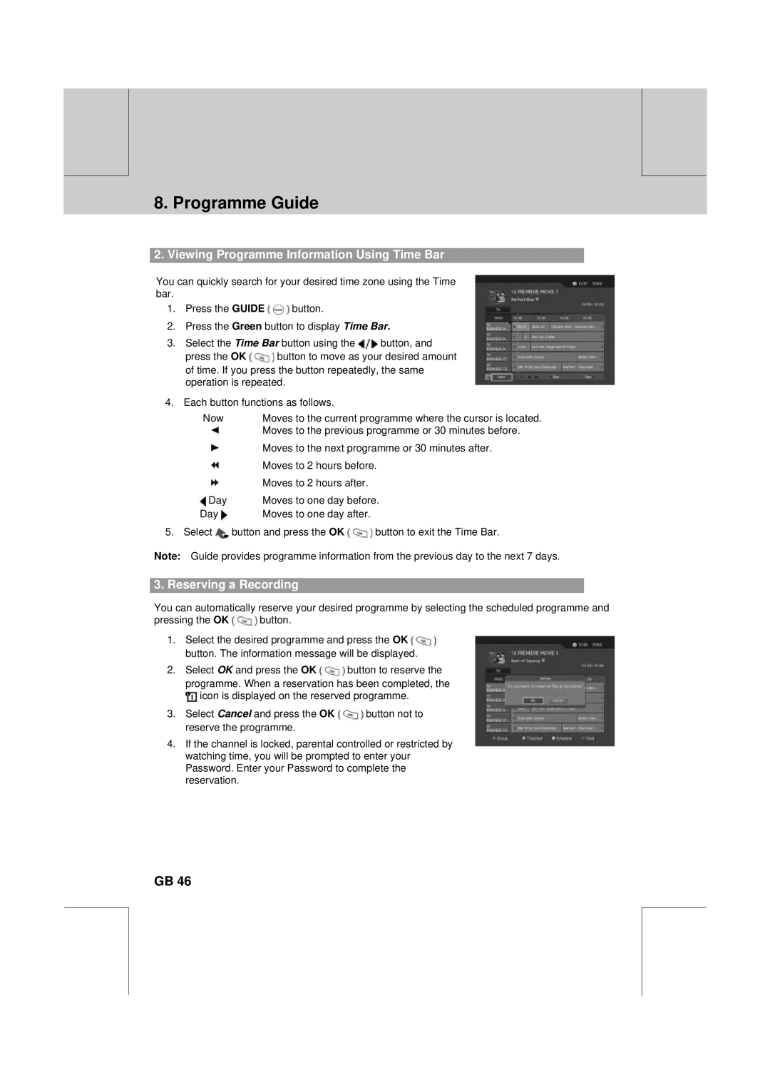 Humax PVR-8100T manual Viewing Programme Information Using Time Bar, Reserving a Recording 