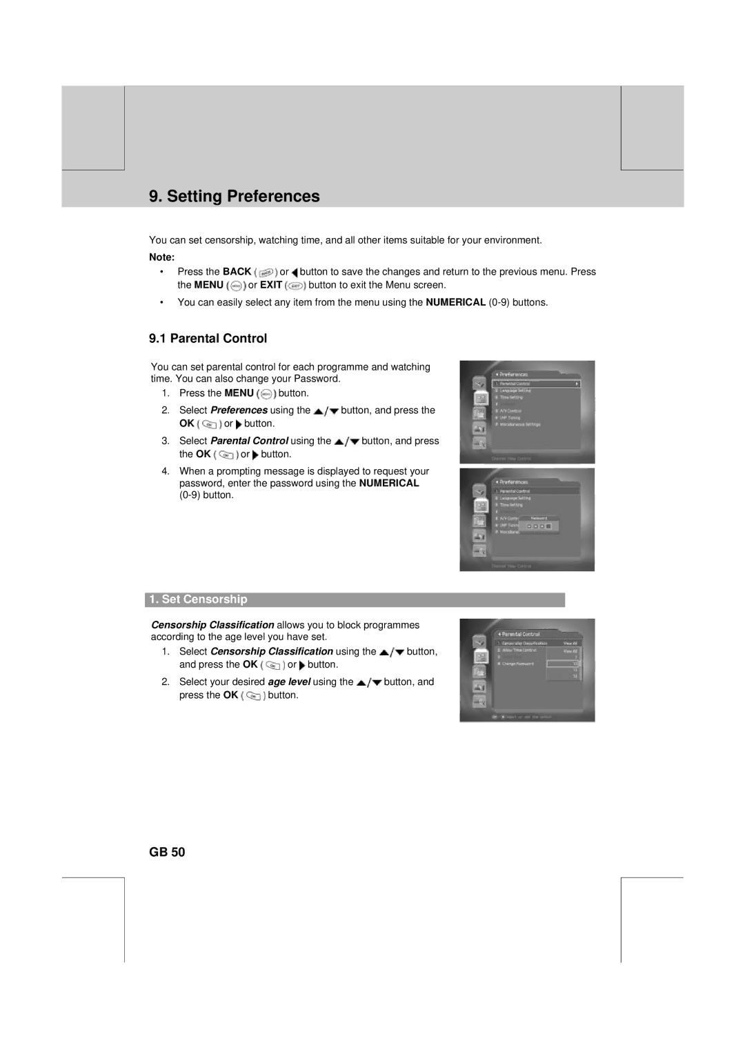 Humax PVR-8100T manual Setting Preferences, Parental Control, Set Censorship 