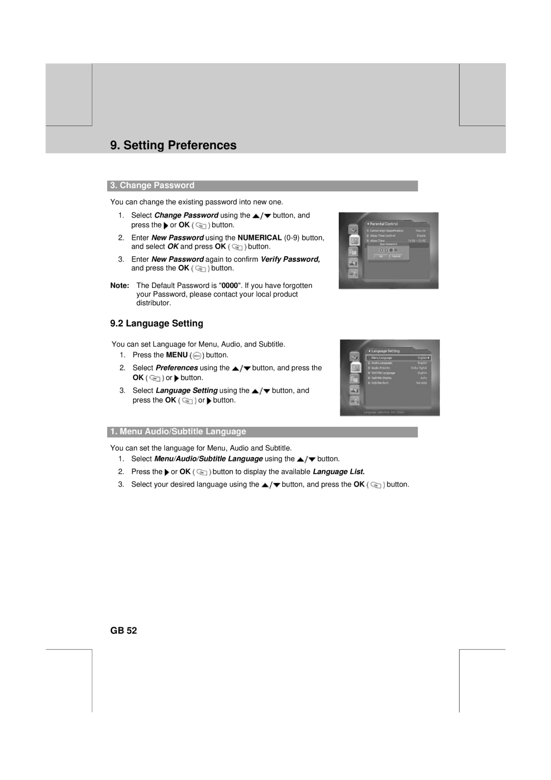 Humax PVR-8100T manual Language Setting, Change Password, Menu Audio/Subtitle Language 