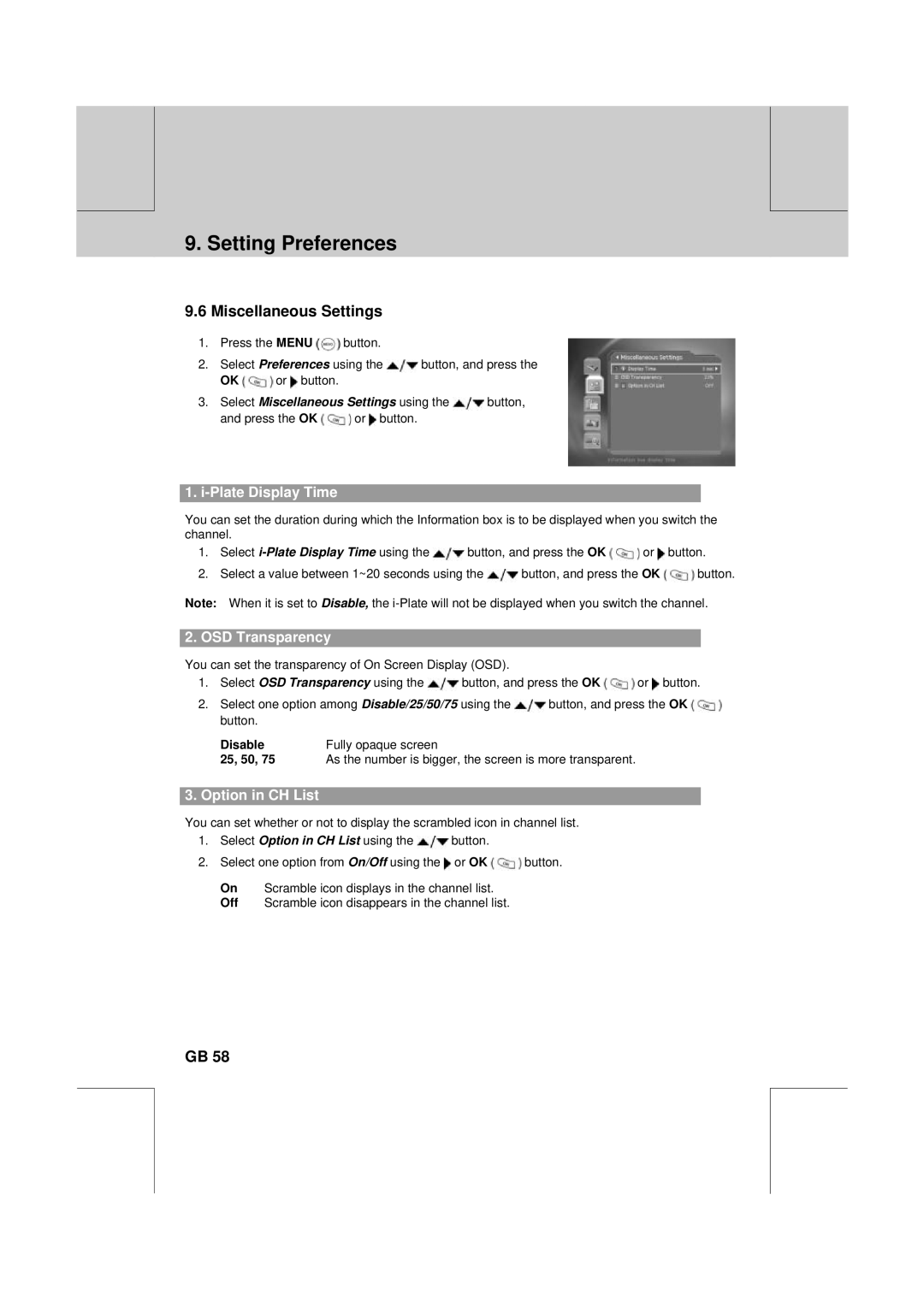 Humax PVR-8100T manual Miscellaneous Settings, Plate Display Time, OSD Transparency, Option in CH List 