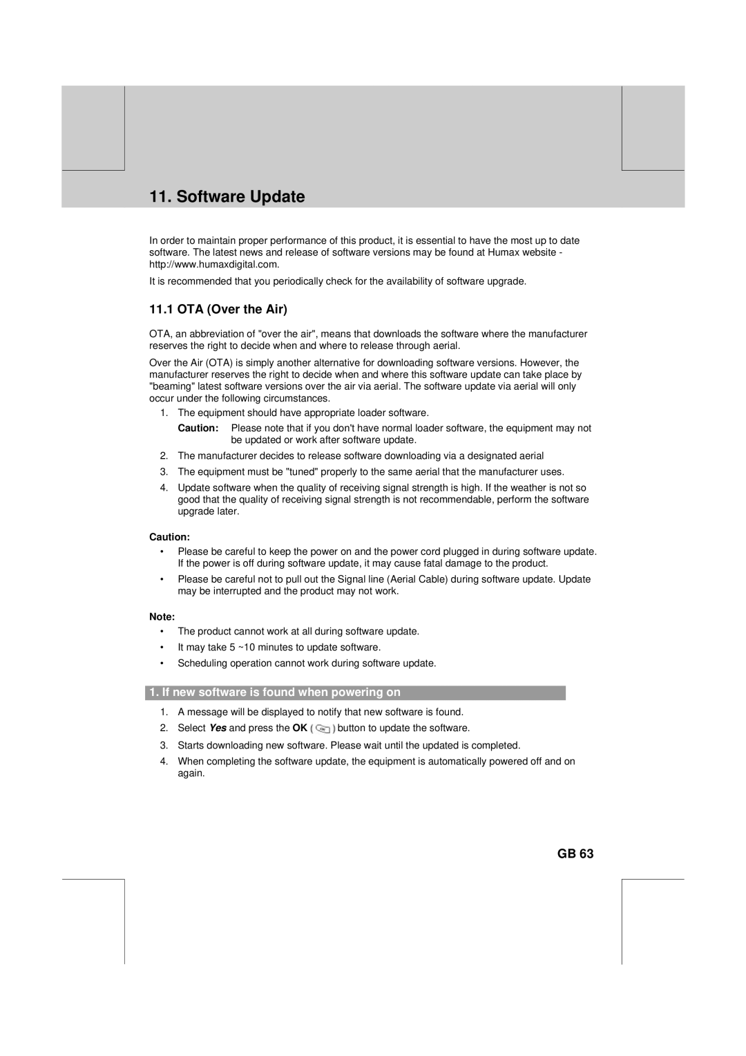 Humax PVR-8100T manual Software Update, OTA Over the Air, If new software is found when powering on 