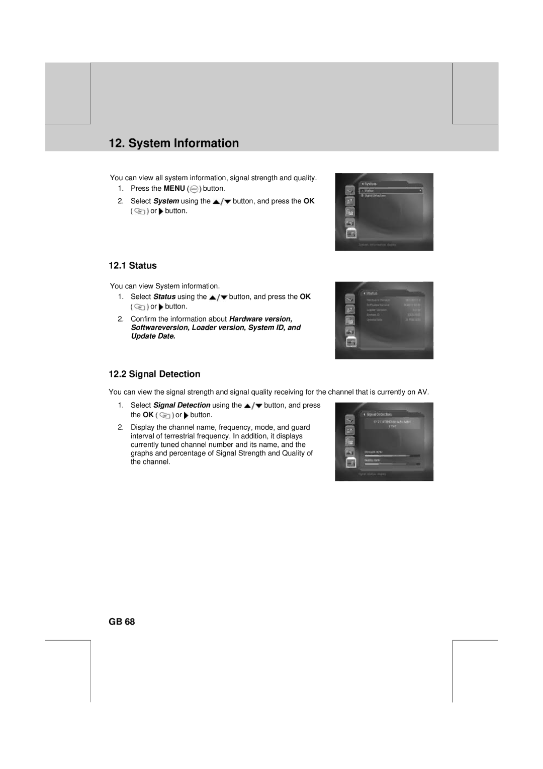 Humax PVR-8100T manual System Information, Status, Signal Detection 