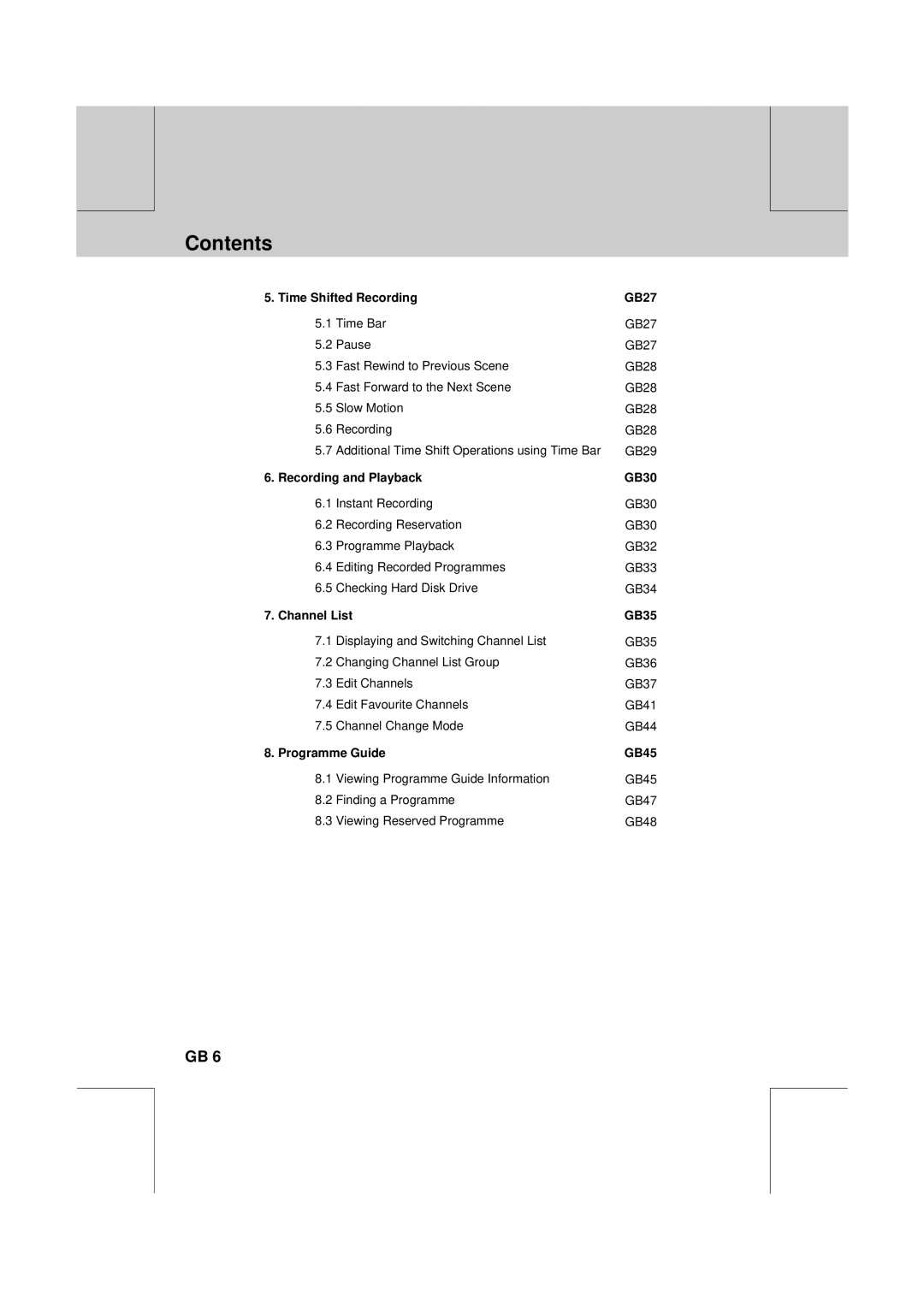 Humax PVR-8100T manual Time Shifted Recording GB27, Recording and Playback GB30, Channel List GB35, GB45 