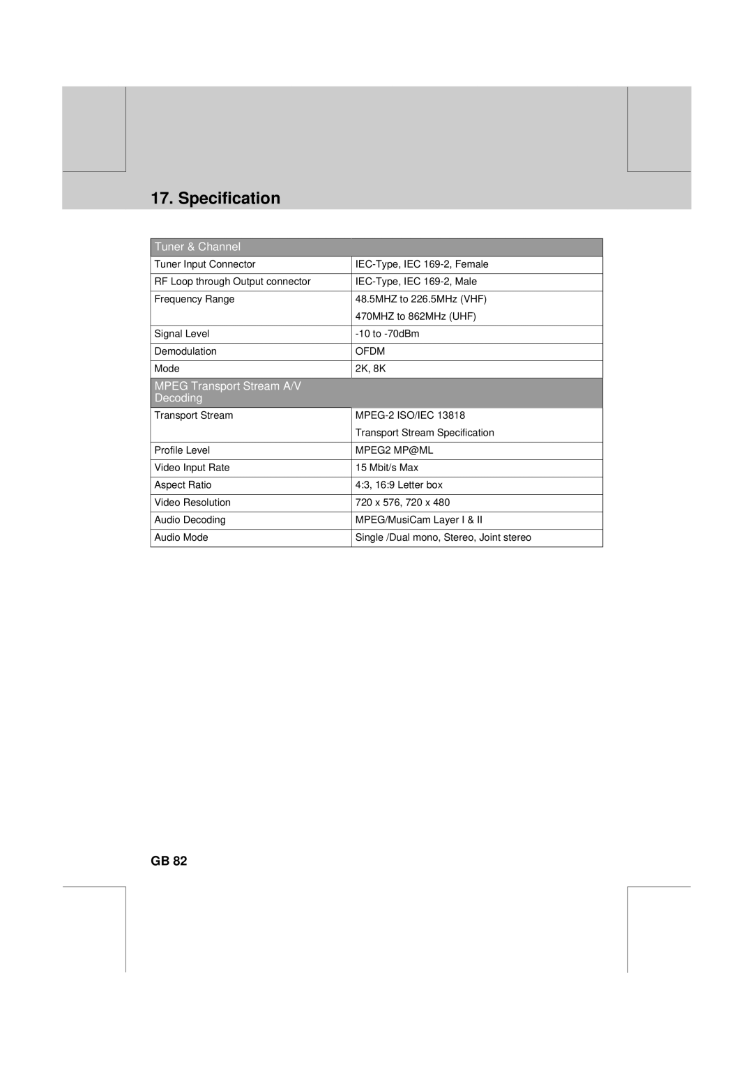 Humax PVR-8100T manual Specification, Tuner & Channel 