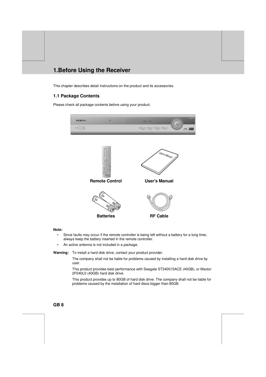 Humax PVR-8100T manual Before Using the Receiver, Package Contents, Remote Control Batteries 