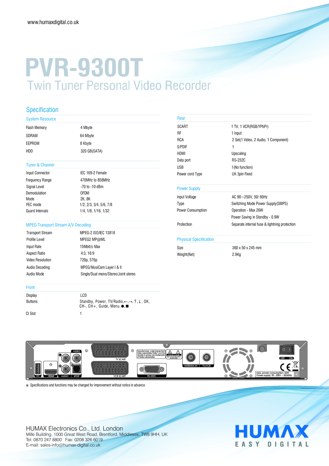 Humax PVR-9300T manual System Resource, Tuner & Channel, Mpeg Transport Stream A/V Decoding, Front, Rear, Power Supply 