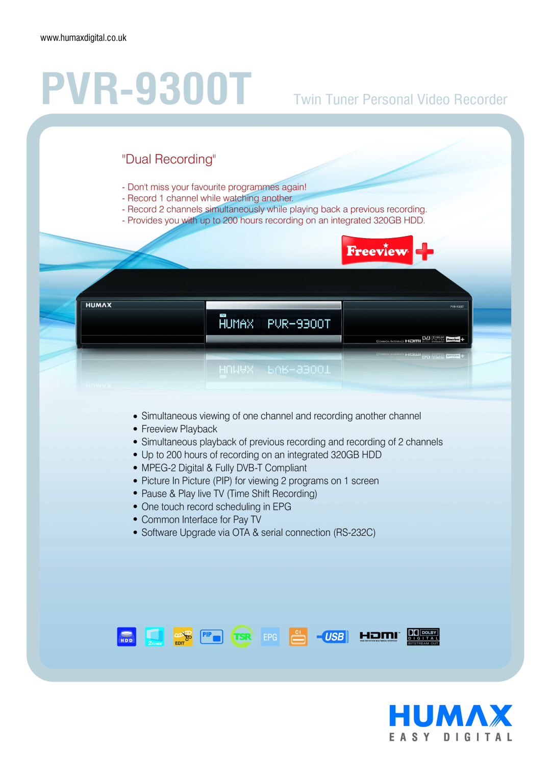 Humax manual PVR-9300T Twin Tuner Personal Video Recorder, Dual Recording 