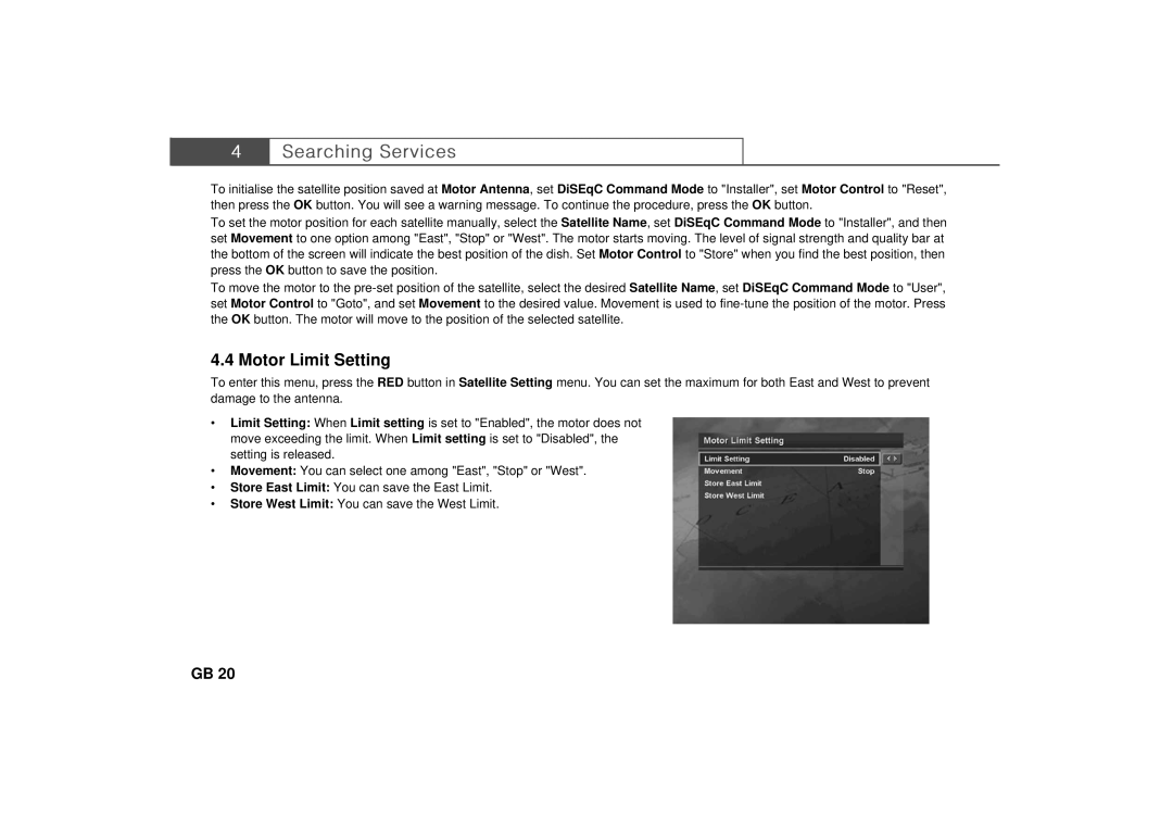 Humax Set-Top Box user manual Motor Limit Setting 