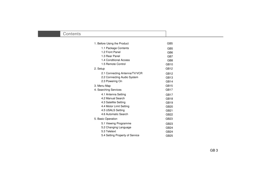 Humax Set-Top Box Before Using the Product, GB5, Setup GB12, Menu Map GB15 Searching Services GB17, Basic Operation GB23 