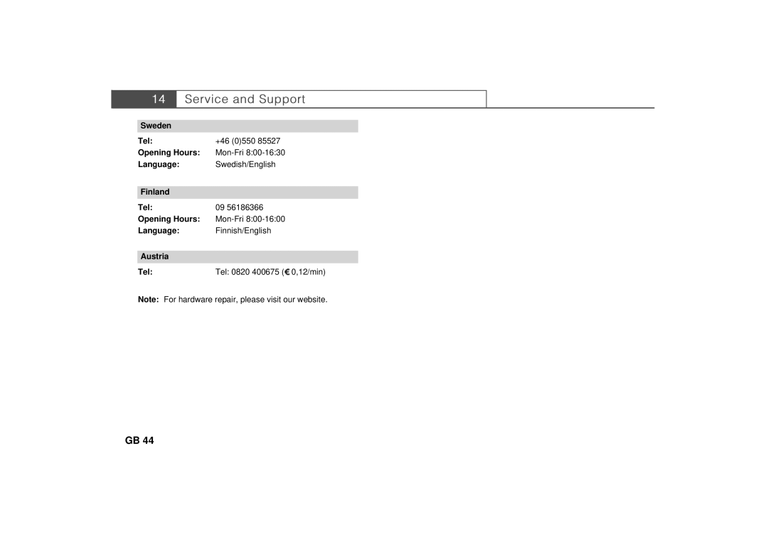 Humax Set-Top Box user manual Sweden Tel, Finland Tel Opening Hours, Austria Tel 