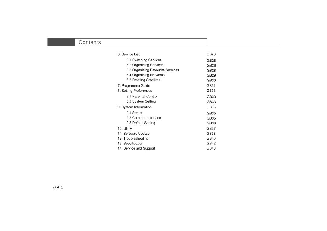 Humax Set-Top Box user manual Service List GB26, Programme Guide GB31 Setting Preferences GB33 