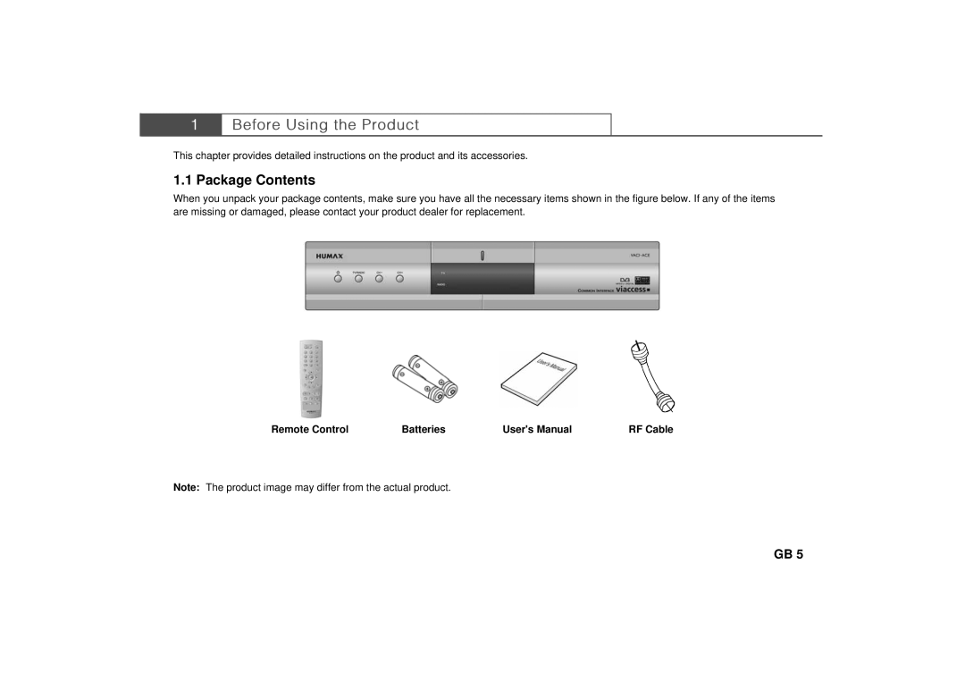 Humax Set-Top Box user manual Package Contents 