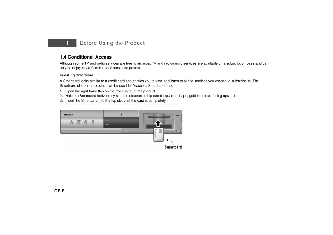 Humax Set-Top Box user manual Conditional Access, Inserting Smartcard 