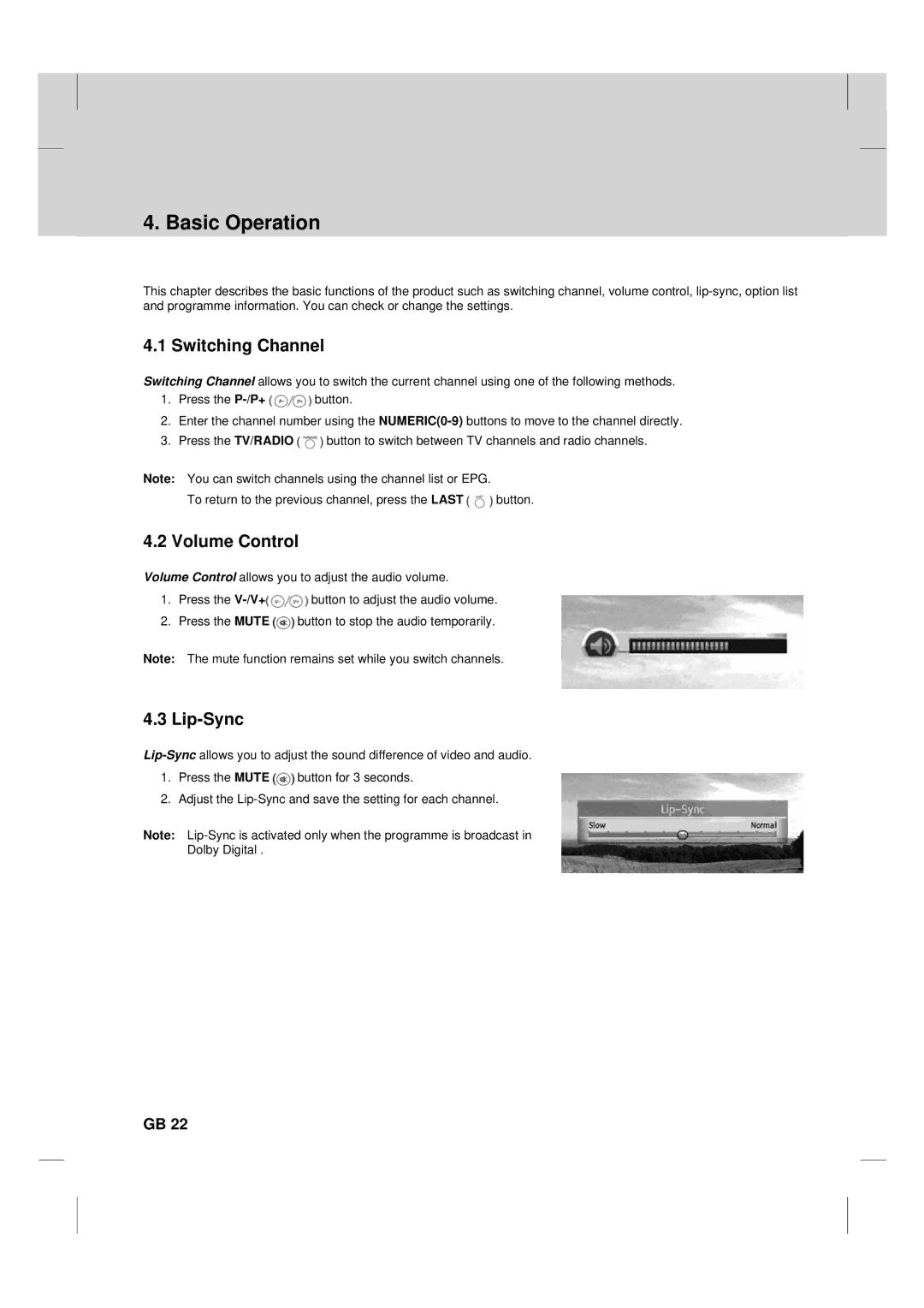 Humax TV HDCl-2000 manual Basic Operation, Switching Channel, Volume Control, Lip-Sync 