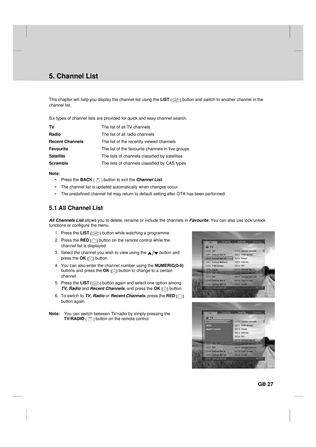 Humax TV HDCl-2000 manual All Channel List, List of all TV channels 