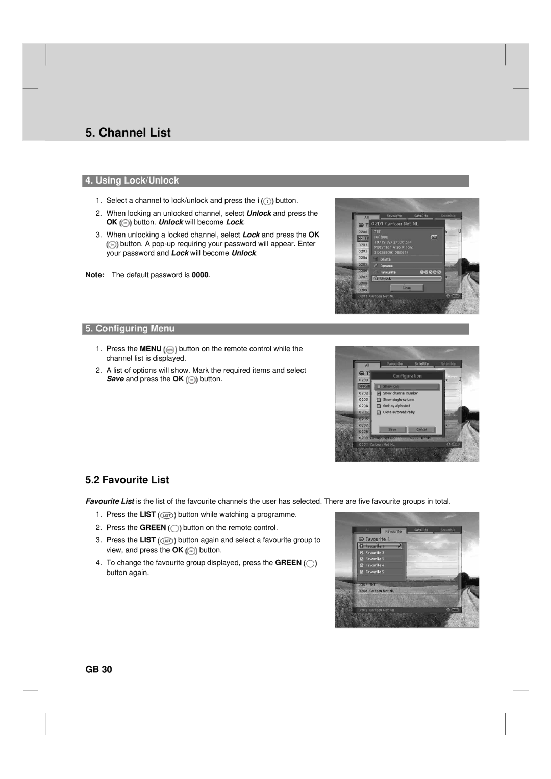 Humax TV HDCl-2000 manual Favourite List, Using Lock/Unlock, Configuring Menu 