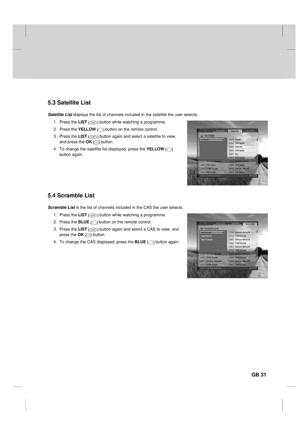 Humax TV HDCl-2000 manual Satellite List, Scramble List 