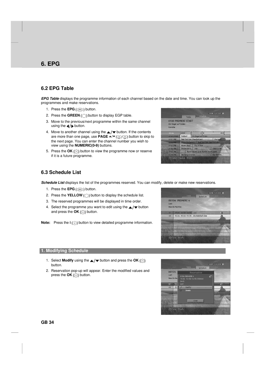 Humax TV HDCl-2000 manual EPG Table, Schedule List, Modifying Schedule 