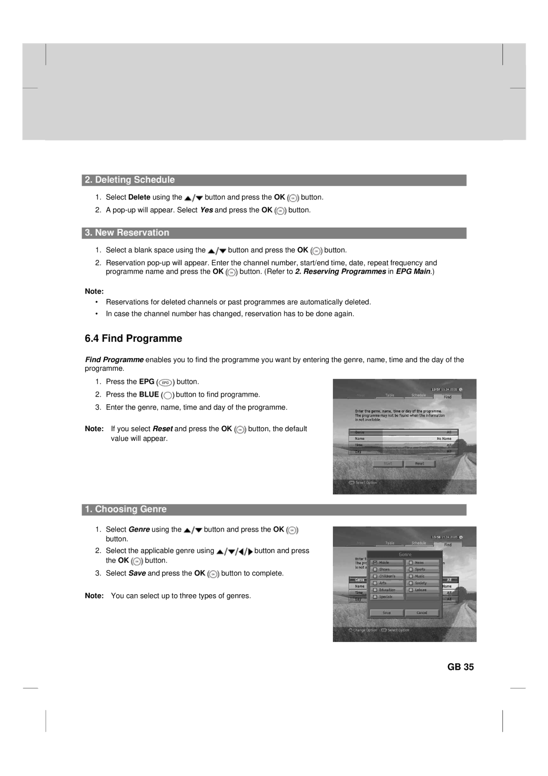 Humax TV HDCl-2000 manual Find Programme, Deleting Schedule, New Reservation, Choosing Genre 
