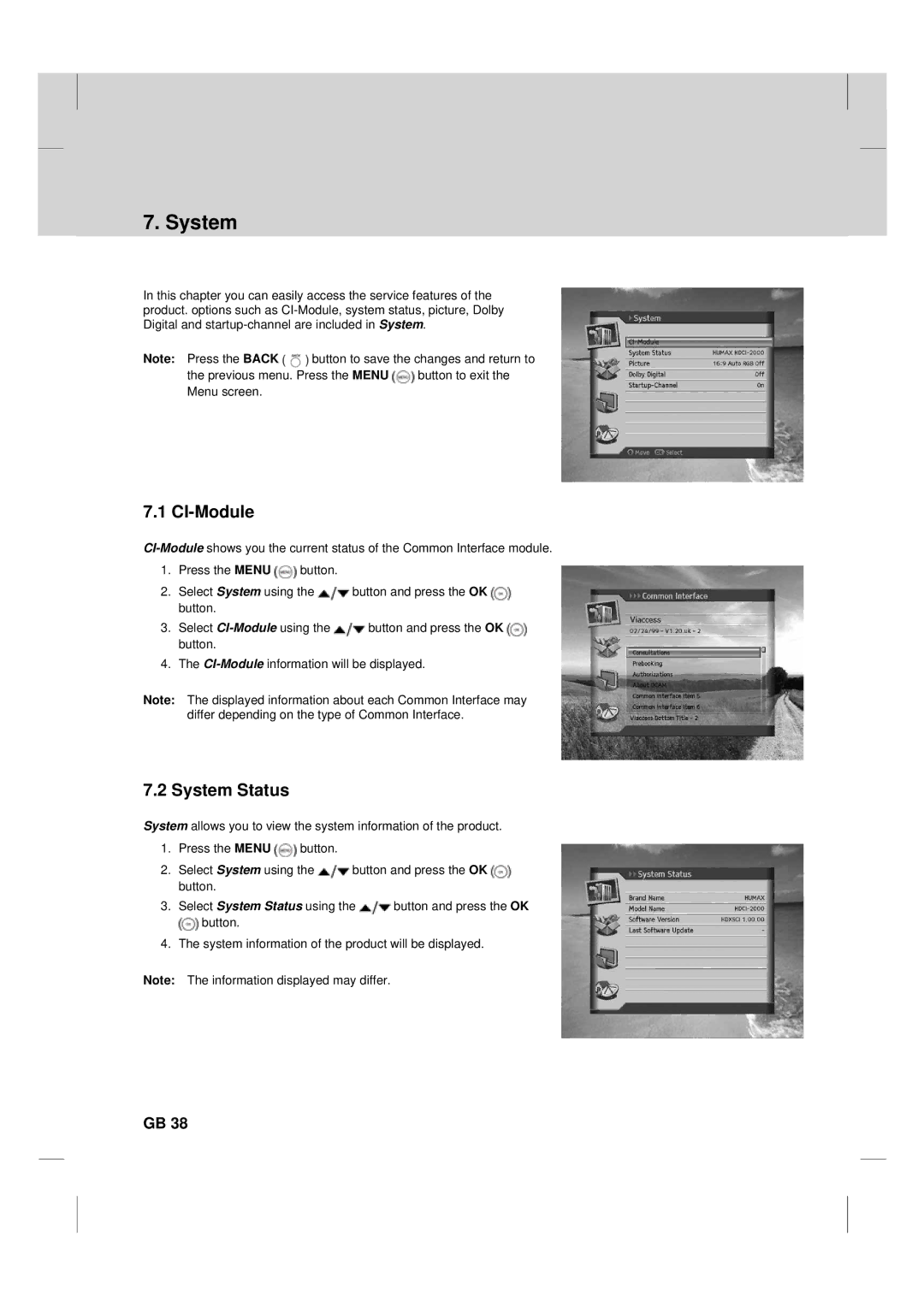 Humax TV HDCl-2000 manual CI-Module, System Status 