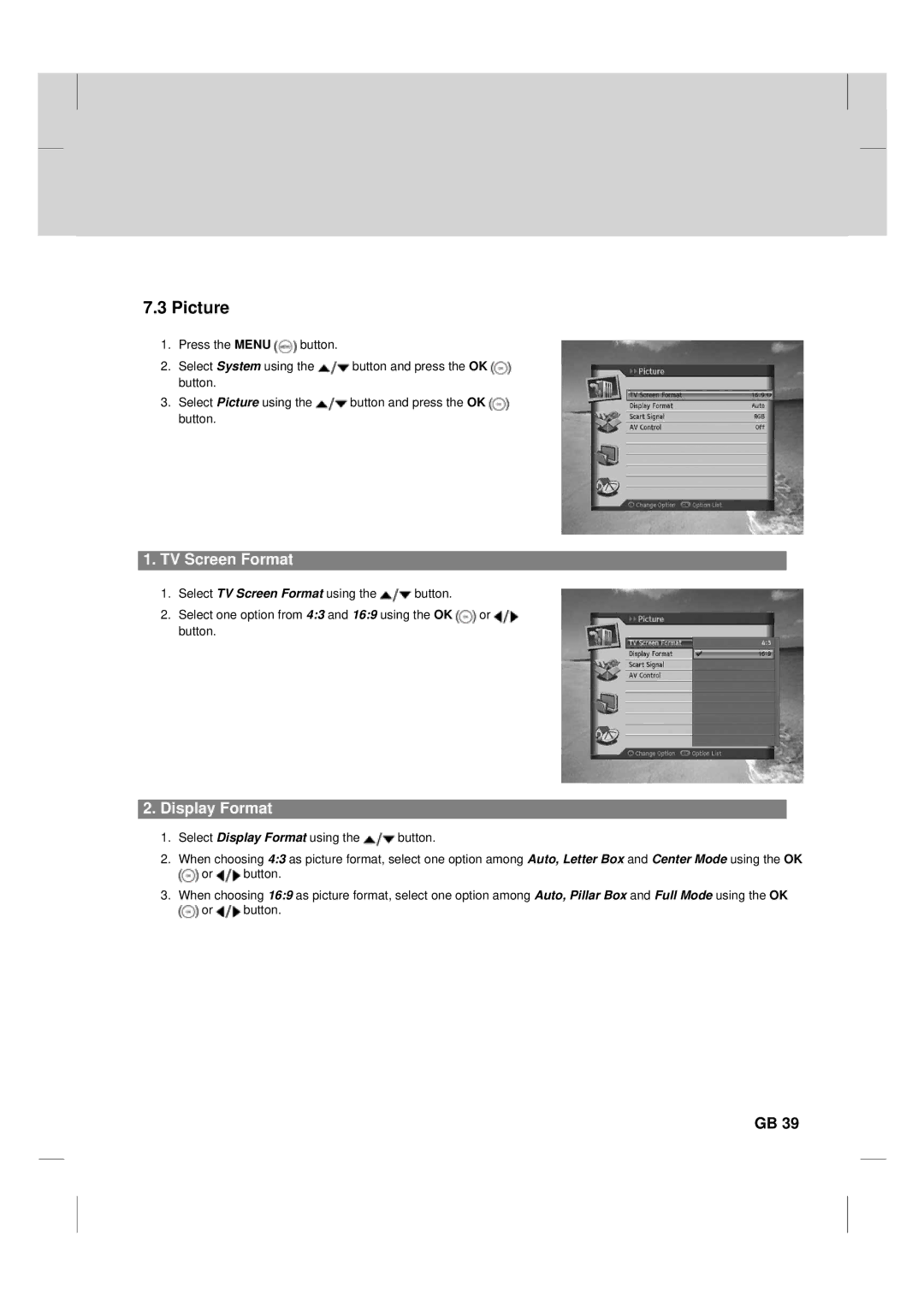 Humax TV HDCl-2000 manual Picture, TV Screen Format, Display Format 