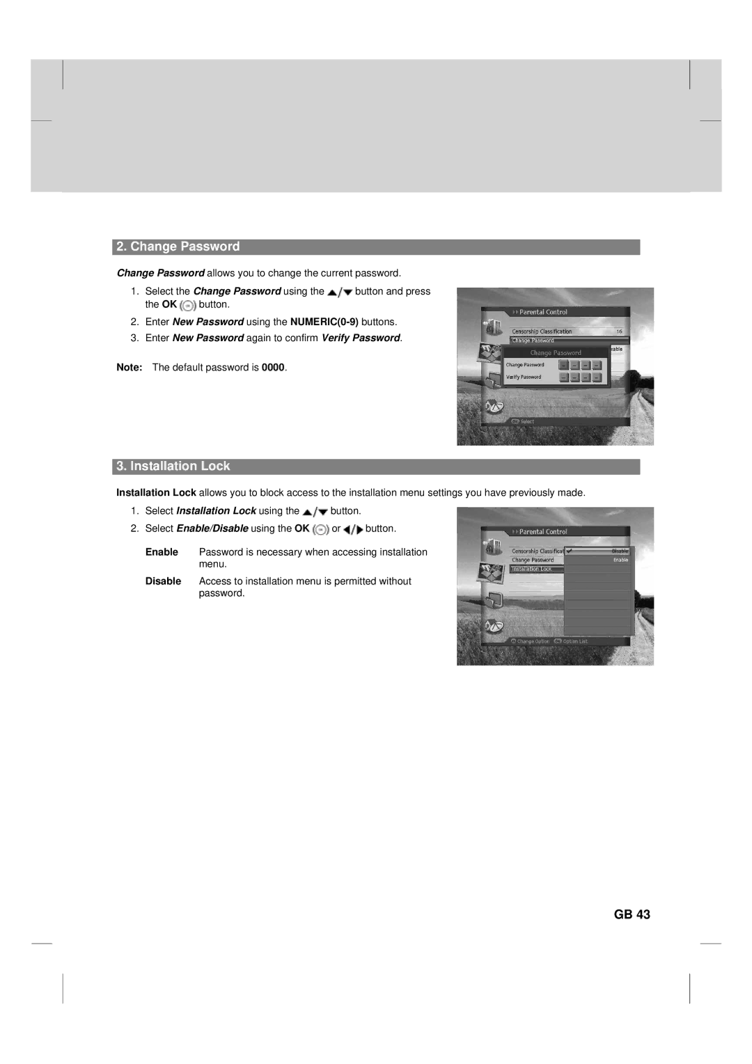 Humax TV HDCl-2000 manual Change Password, Installation Lock 