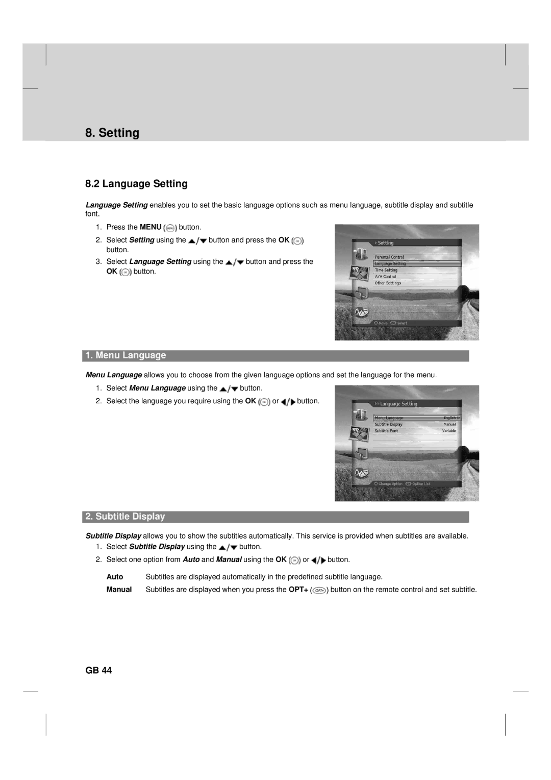 Humax TV HDCl-2000 manual Language Setting, Menu Language, Subtitle Display 