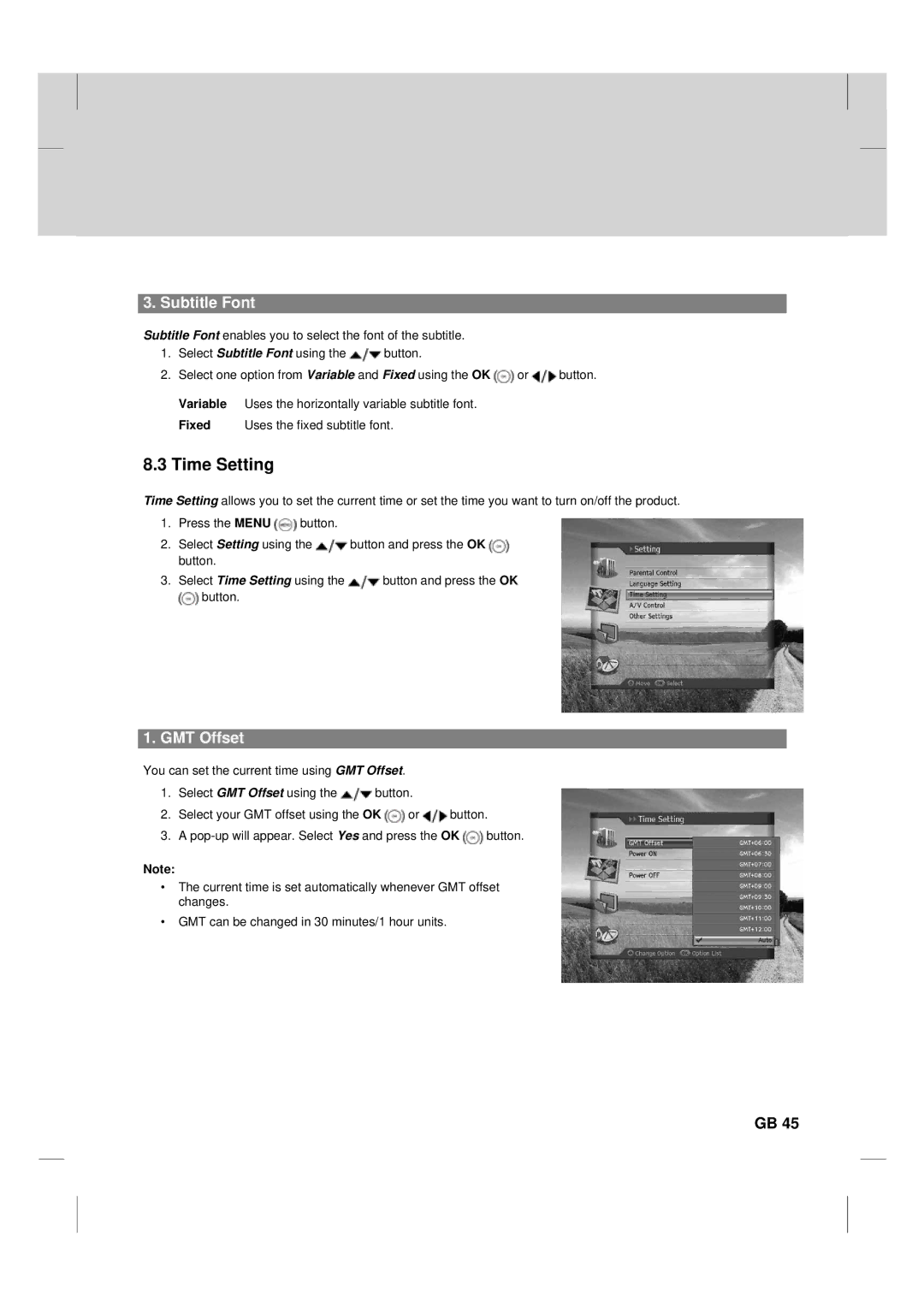 Humax TV HDCl-2000 manual Time Setting, Subtitle Font, GMT Offset 