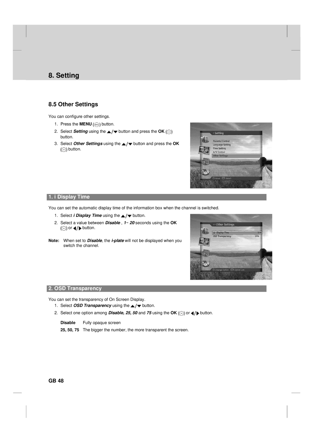 Humax TV HDCl-2000 manual Other Settings, Display Time, OSD Transparency 