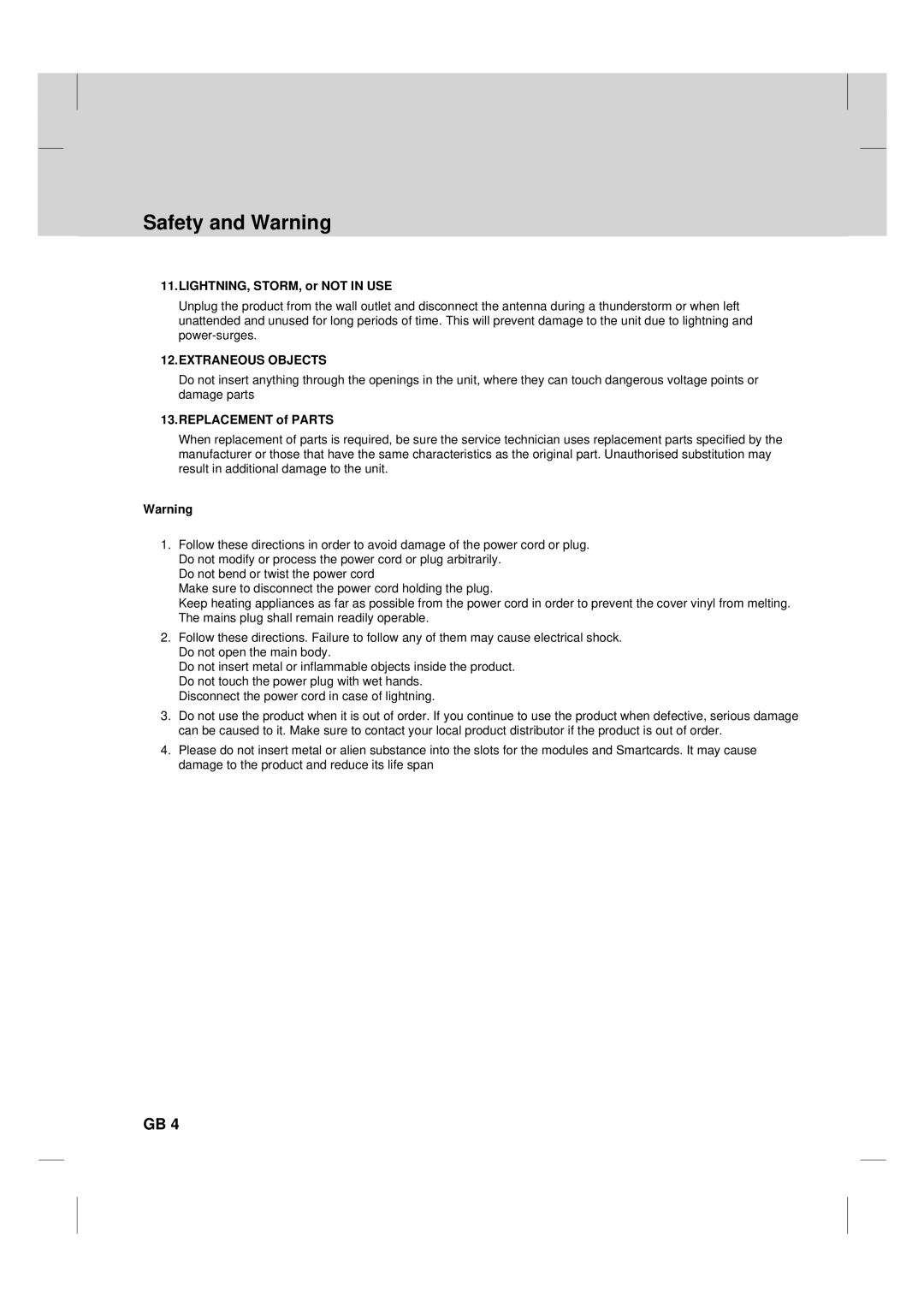 Humax TV HDCl-2000 manual LIGHTNING, STORM, or not in USE, Replacement of Parts 