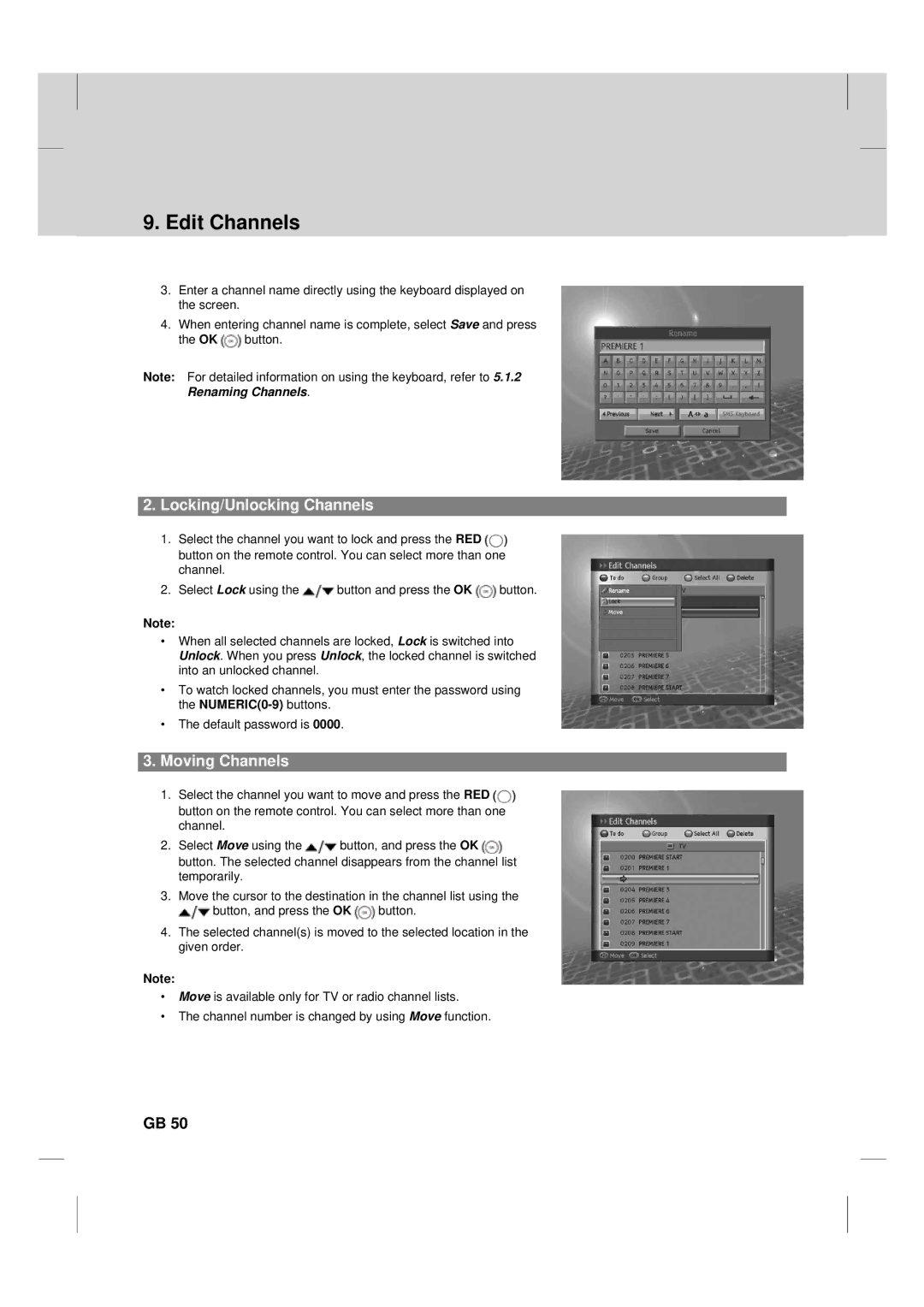 Humax TV HDCl-2000 manual Locking/Unlocking Channels, Moving Channels 