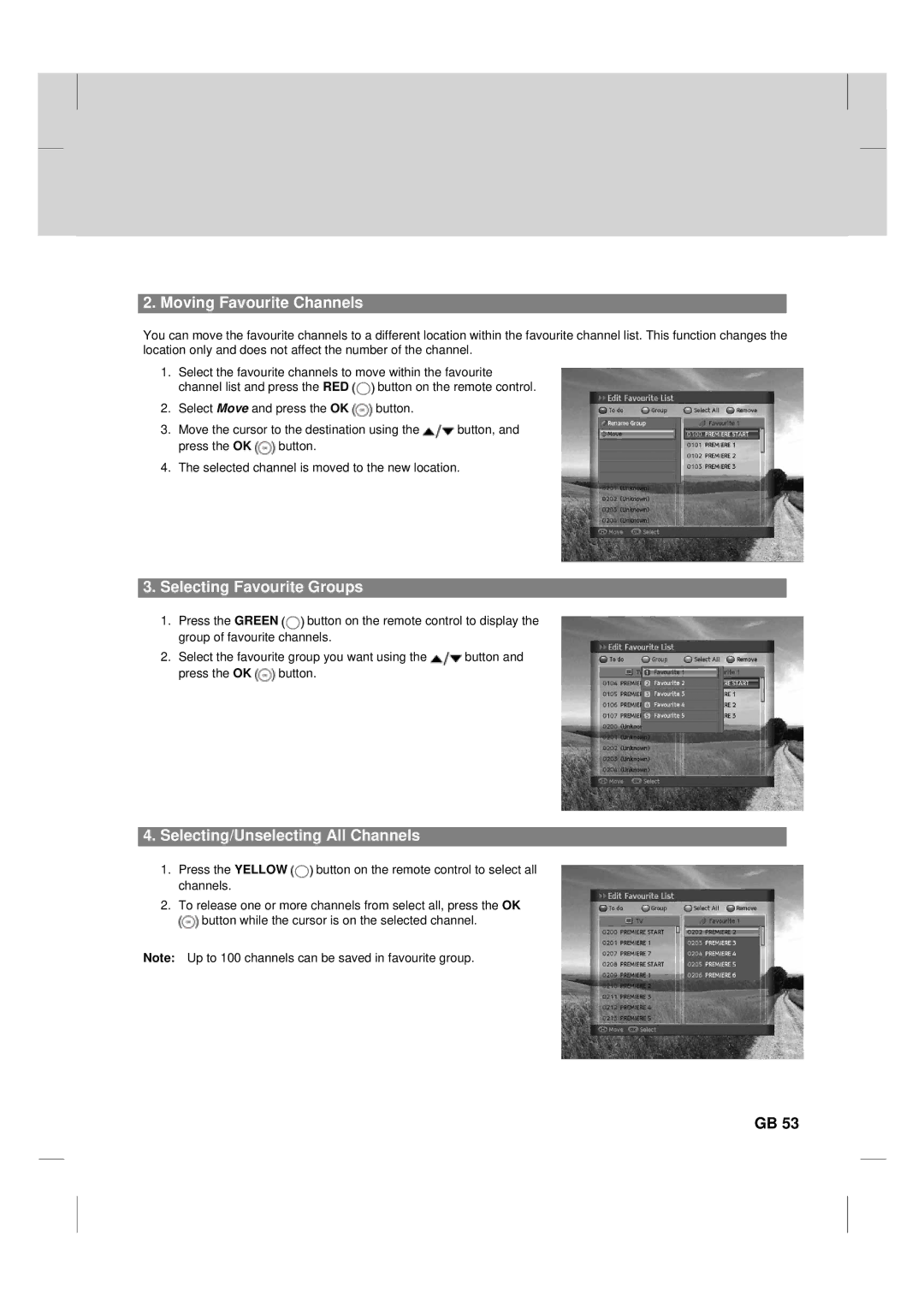 Humax TV HDCl-2000 manual Moving Favourite Channels, Selecting Favourite Groups, Selecting/Unselecting All Channels 