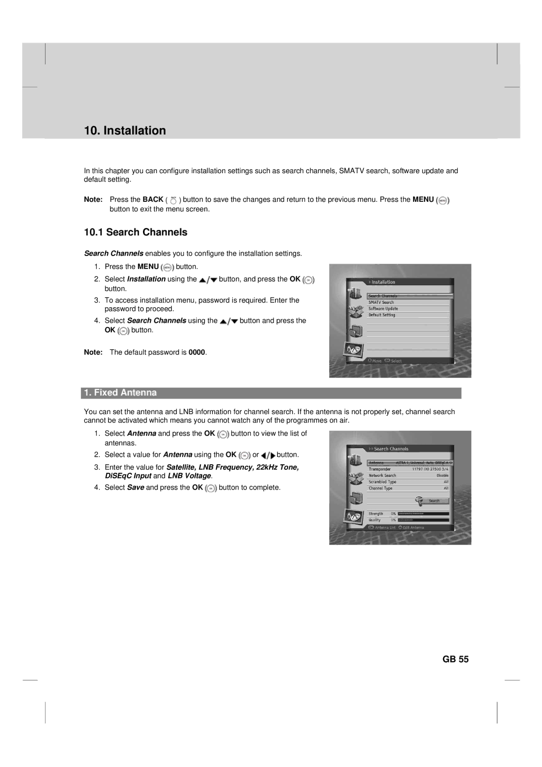 Humax TV HDCl-2000 manual Installation, Search Channels, Fixed Antenna 