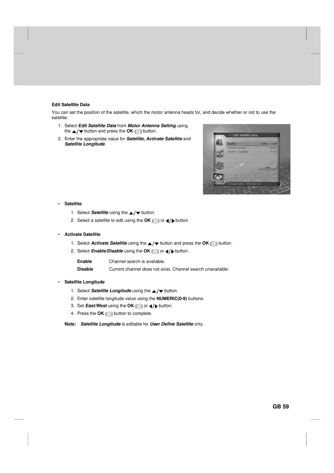 Humax TV HDCl-2000 manual Edit Satellite Data, Activate Satellite, Enable Channel search is available Disable 