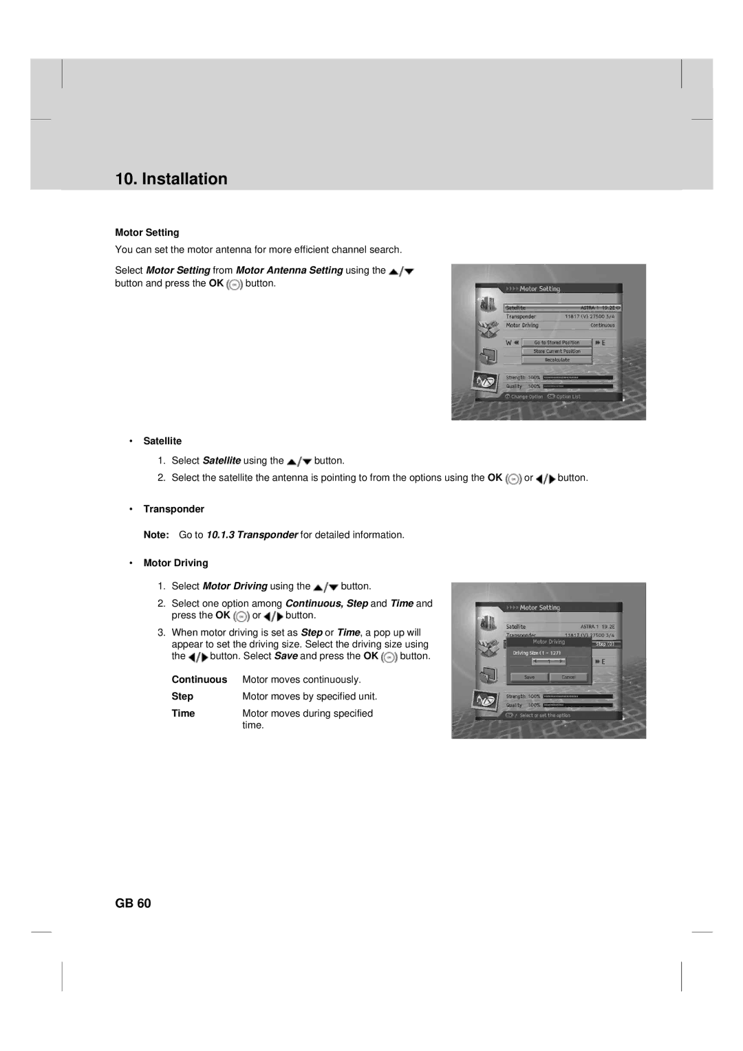 Humax TV HDCl-2000 manual Motor Setting, Transponder Motor Driving, Continuous Motor moves continuously Step 