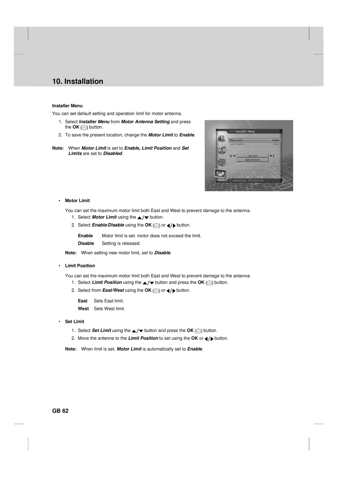 Humax TV HDCl-2000 manual Installer Menu, Motor Limit, Limit Position, Set Limit 