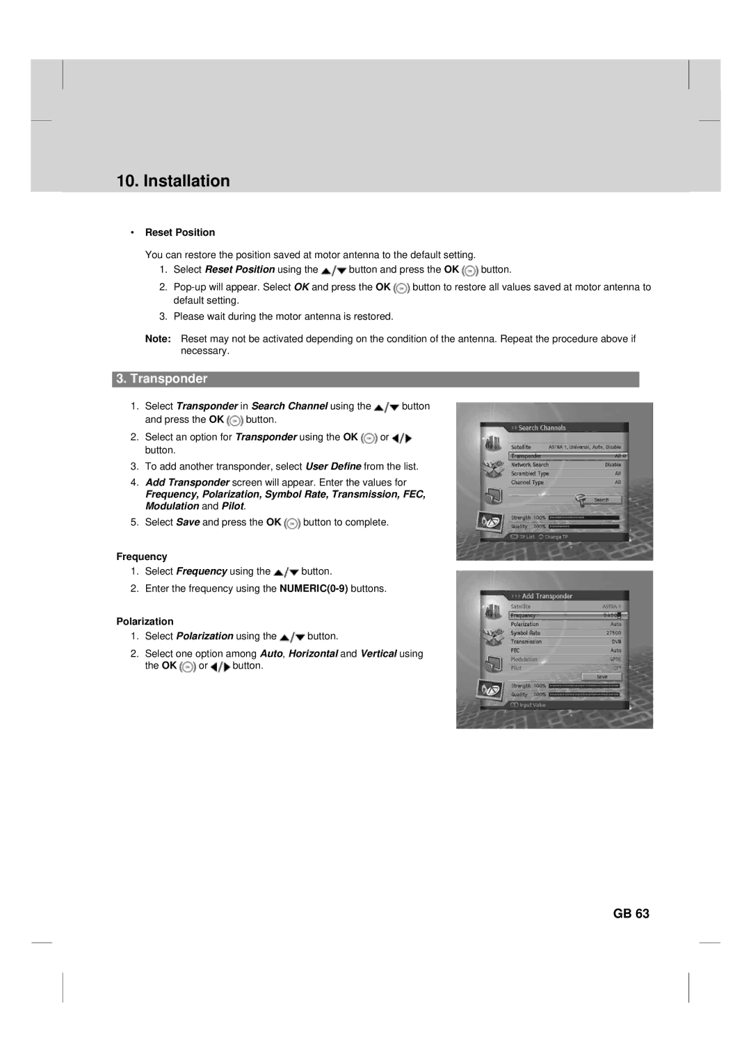 Humax TV HDCl-2000 manual Transponder, Reset Position, Frequency, Polarization 