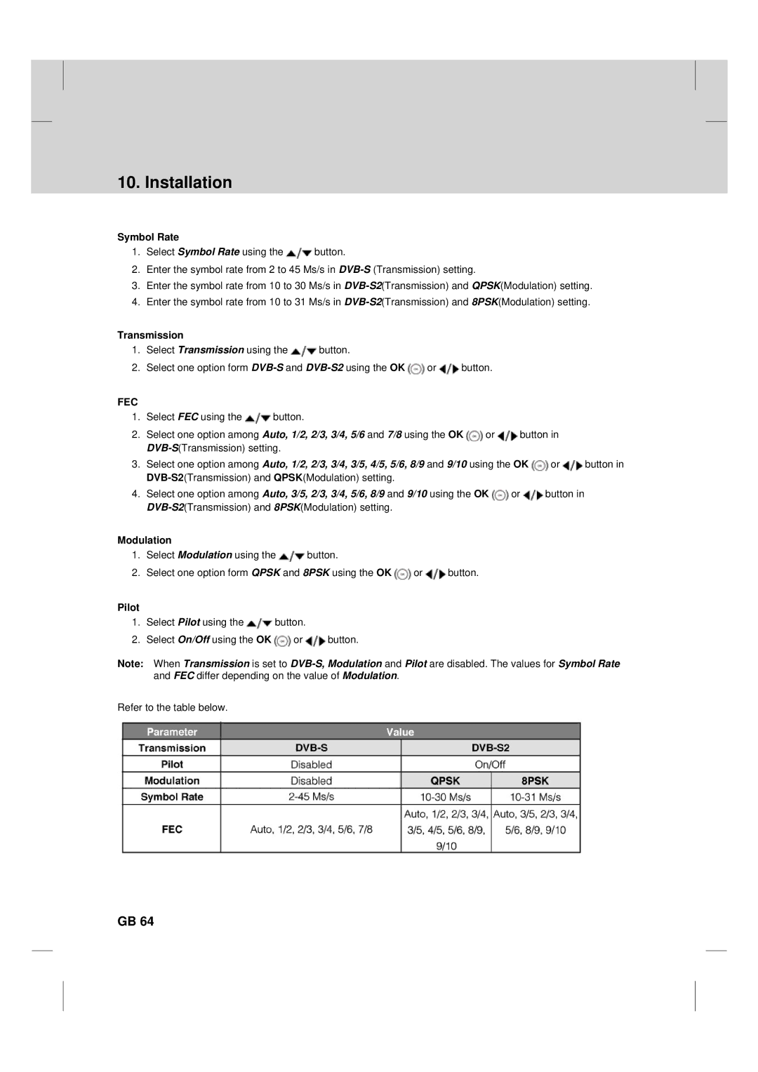 Humax TV HDCl-2000 manual Symbol Rate, Transmission, Modulation, Pilot 