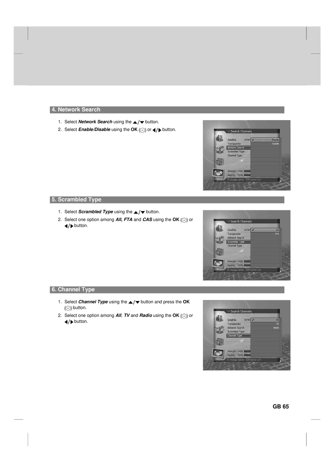 Humax TV HDCl-2000 manual Network Search, Scrambled Type, Channel Type 