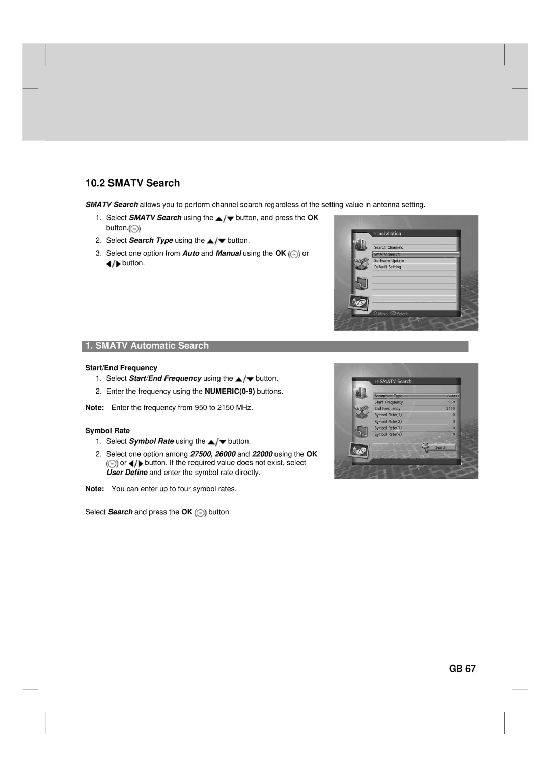 Humax TV HDCl-2000 manual Smatv Search, Smatv Automatic Search, Start/End Frequency 