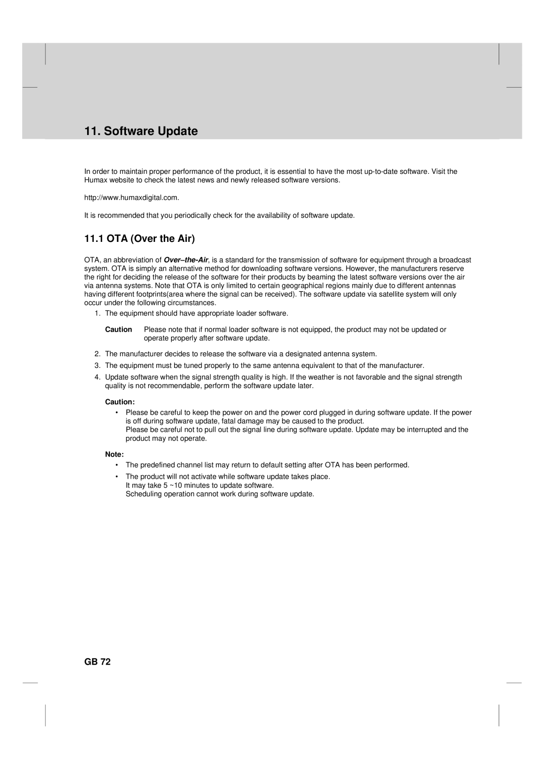 Humax TV HDCl-2000 manual Software Update, OTA Over the Air 