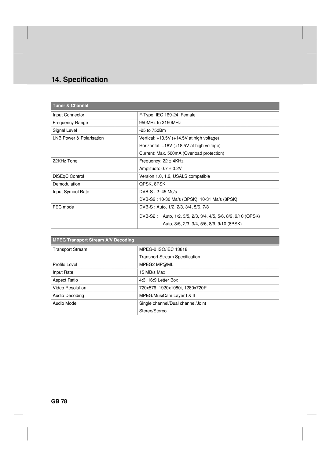 Humax TV HDCl-2000 manual Specification, Tuner & Channel 