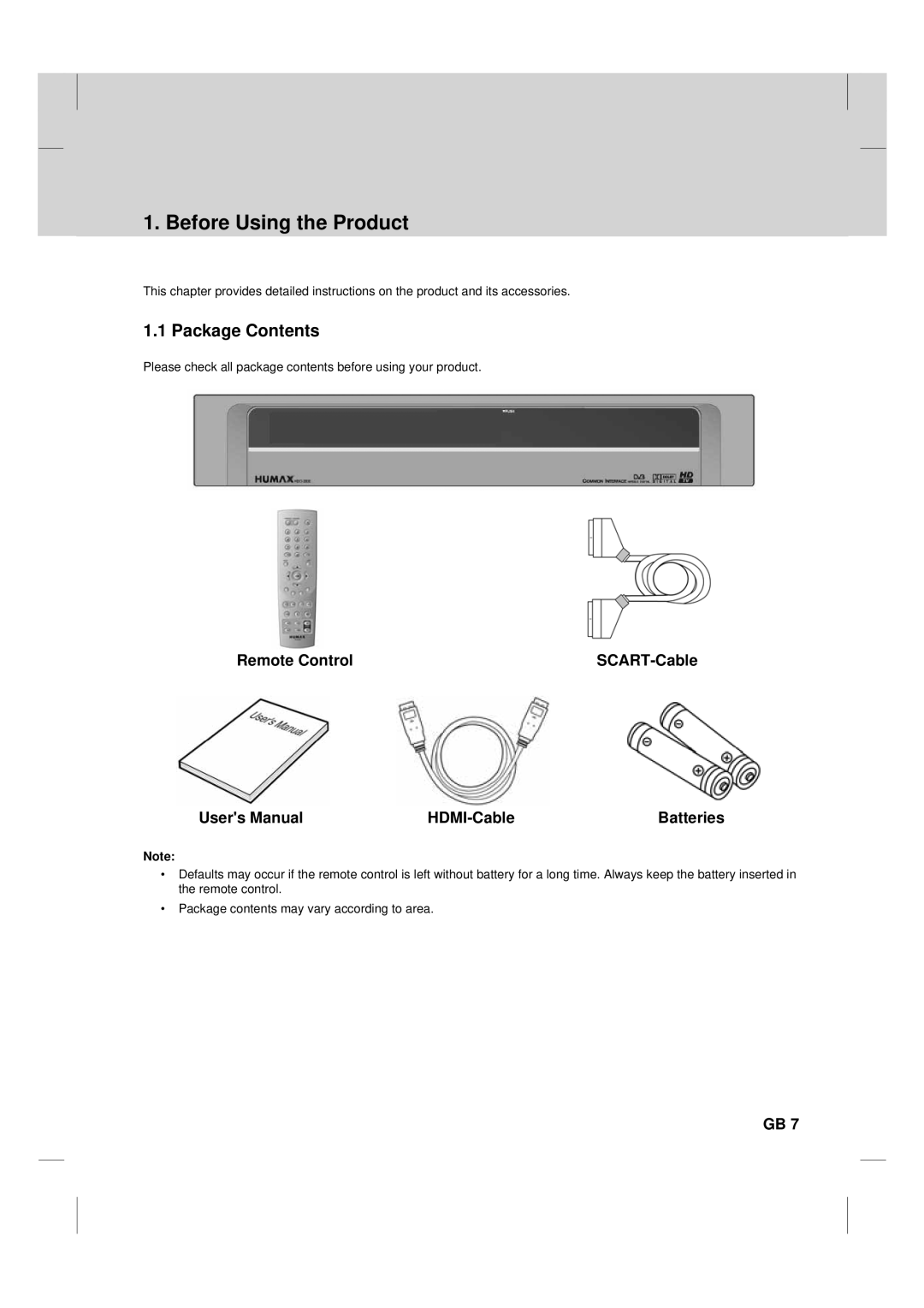 Humax TV HDCl-2000 manual Before Using the Product, Package Contents 