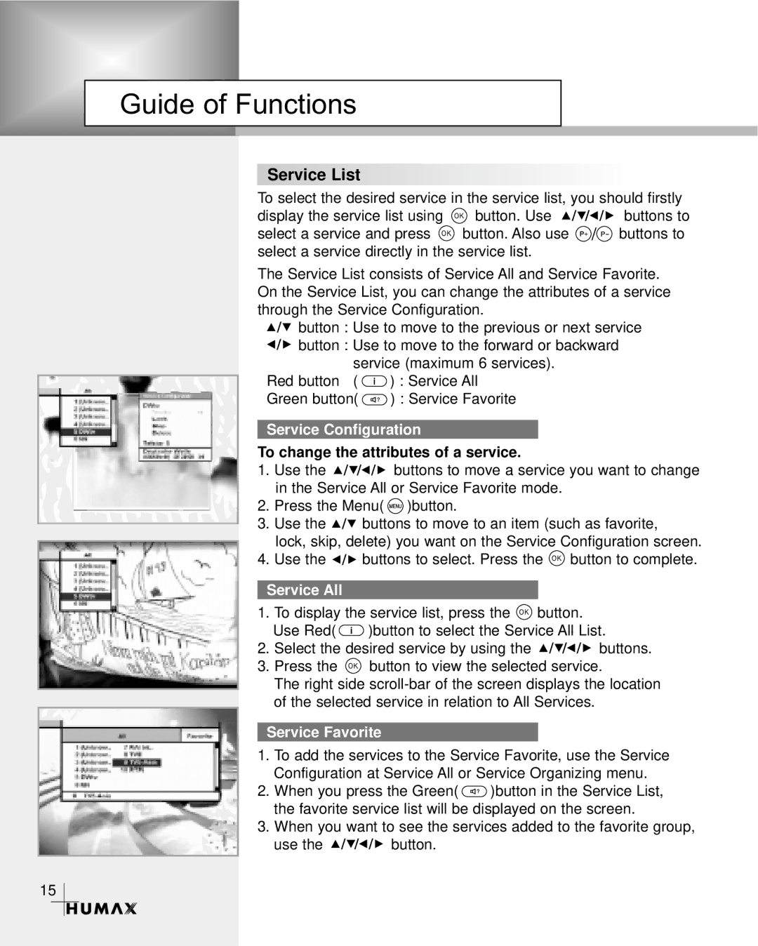 Humax VA-3210 Service List, Service Configuration, To change the attributes of a service, Service All, Service Favorite 