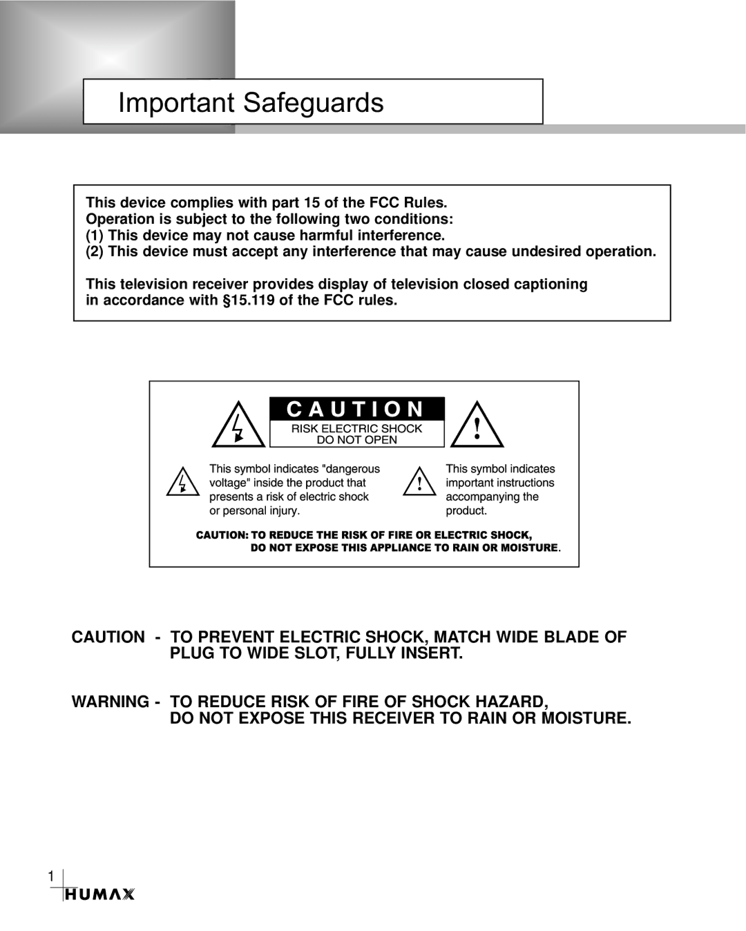 Humax VA-3210 manual Important Safeguards, Do not Expose this Receiver to Rain or Moisture 