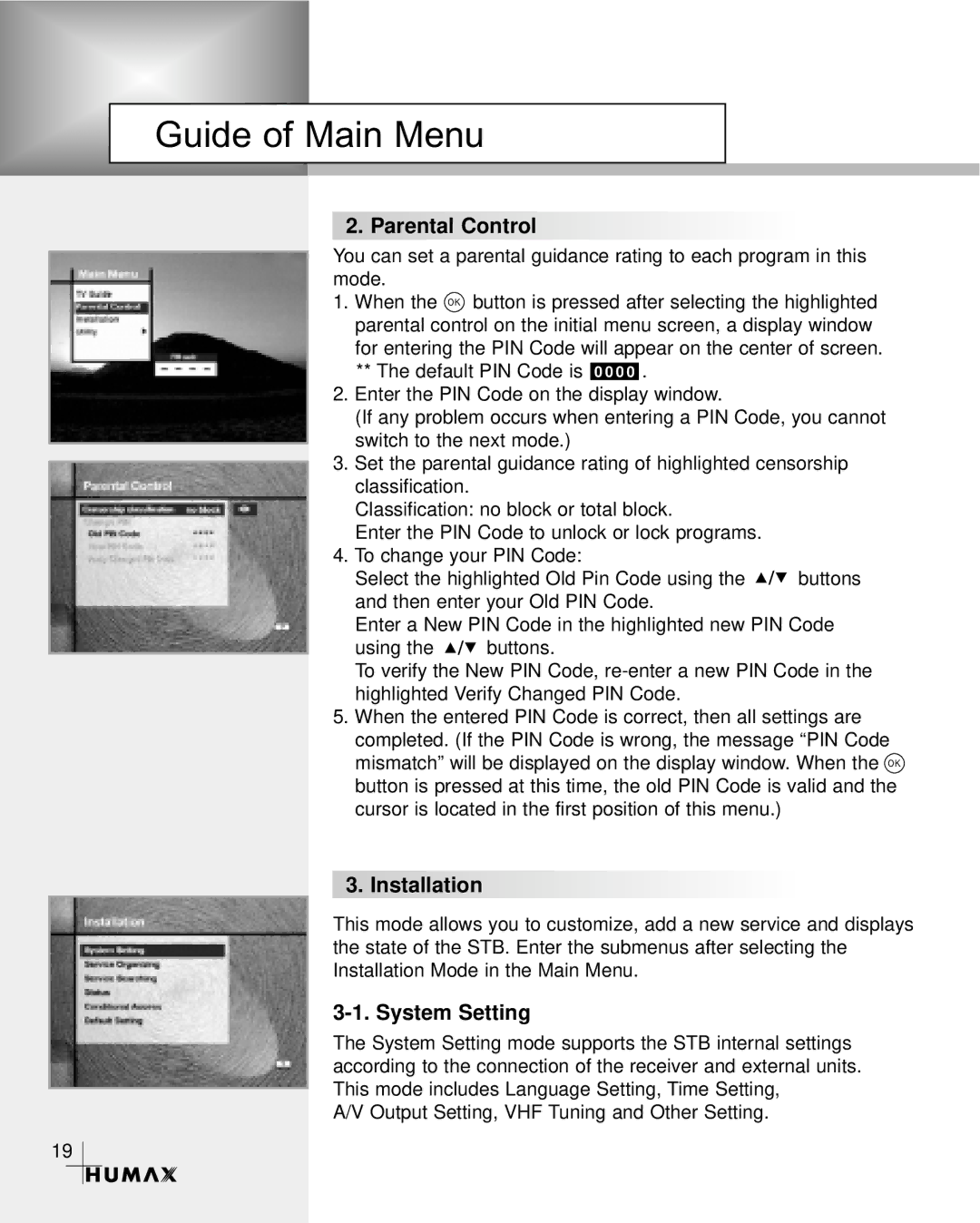 Humax VA-3210 manual Parental Control, System Setting 