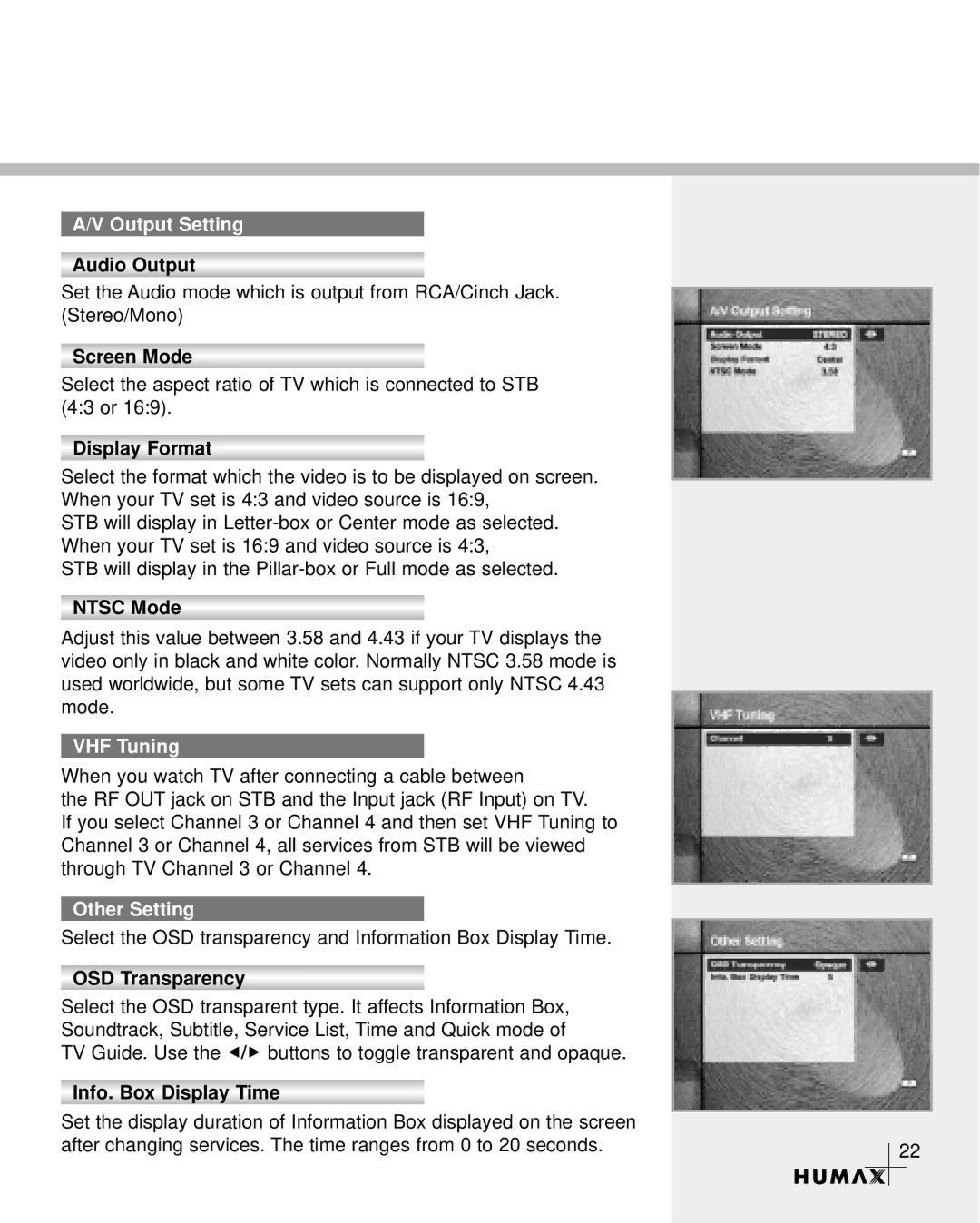 Humax VA-3210 manual Output Setting, VHF Tuning, Other Setting 