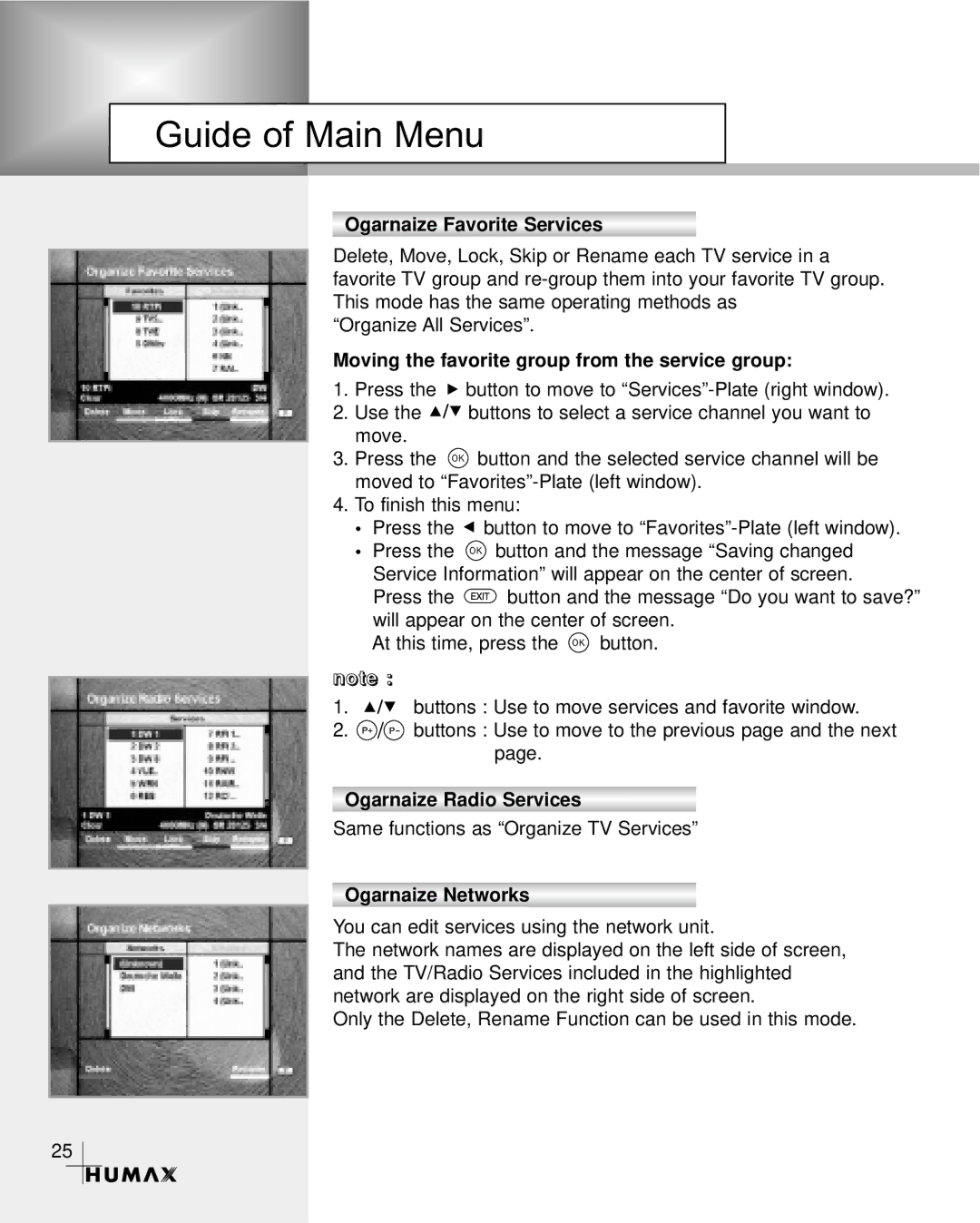 Humax VA-3210 Ogarnaize Favorite Services, Moving the favorite group from the service group, Ogarnaize Radio Services 